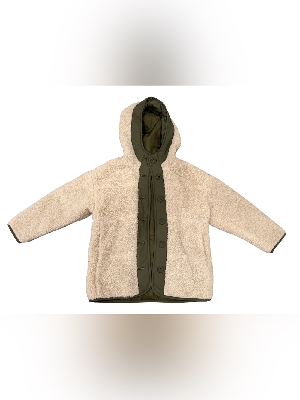 GAP Cream Sherpa Hooded Coat with Olive Green Trim
